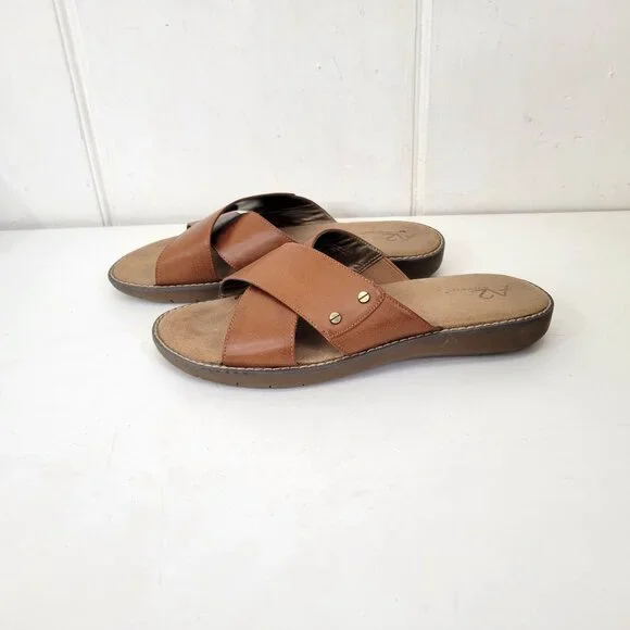 A2 By Aerosoles Women's Brown Slide Sandals With Faux Leather Cross Straps & Cus - Picture 1 of 6